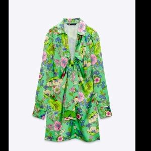Zara green floral retro mini dress